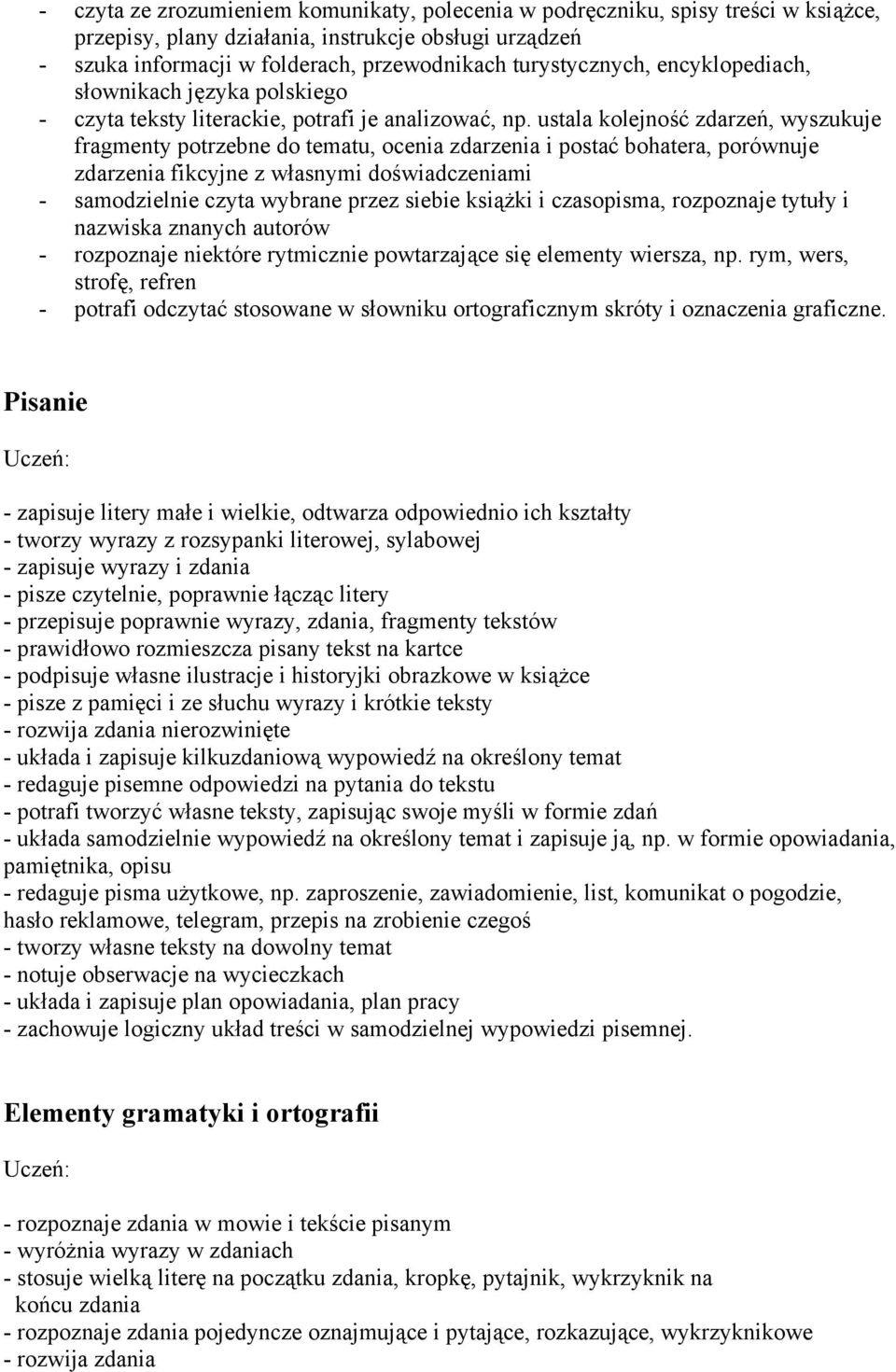 ustala kolejność zdarzeń, wyszukuje fragmenty potrzebne do tematu, ocenia zdarzenia i postać bohatera, porównuje zdarzenia fikcyjne z własnymi doświadczeniami - samodzielnie czyta wybrane przez