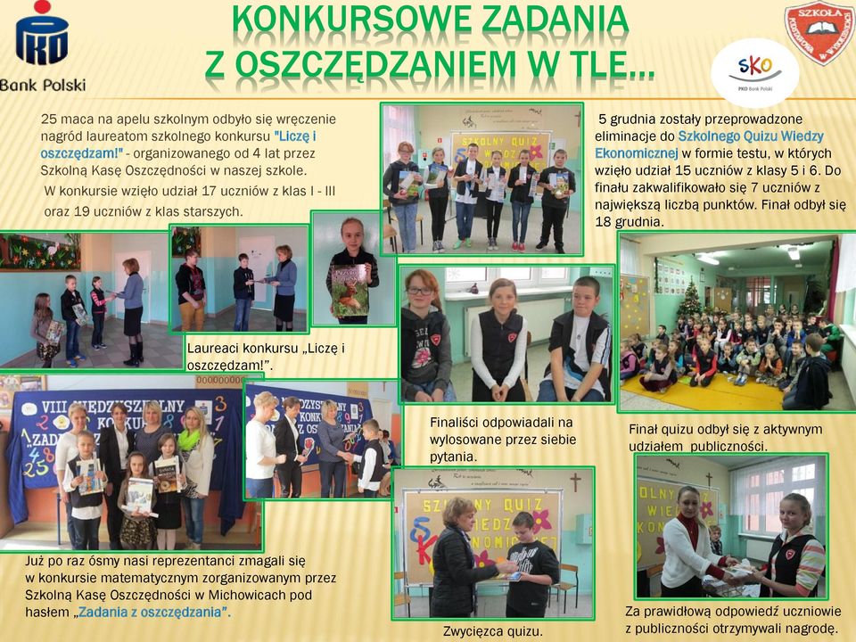 5 grudnia zostały przeprowadzone eliminacje do Szkolnego Quizu Wiedzy Ekonomicznej w formie testu, w których wzięło udział 15 uczniów z klasy 5 i 6.