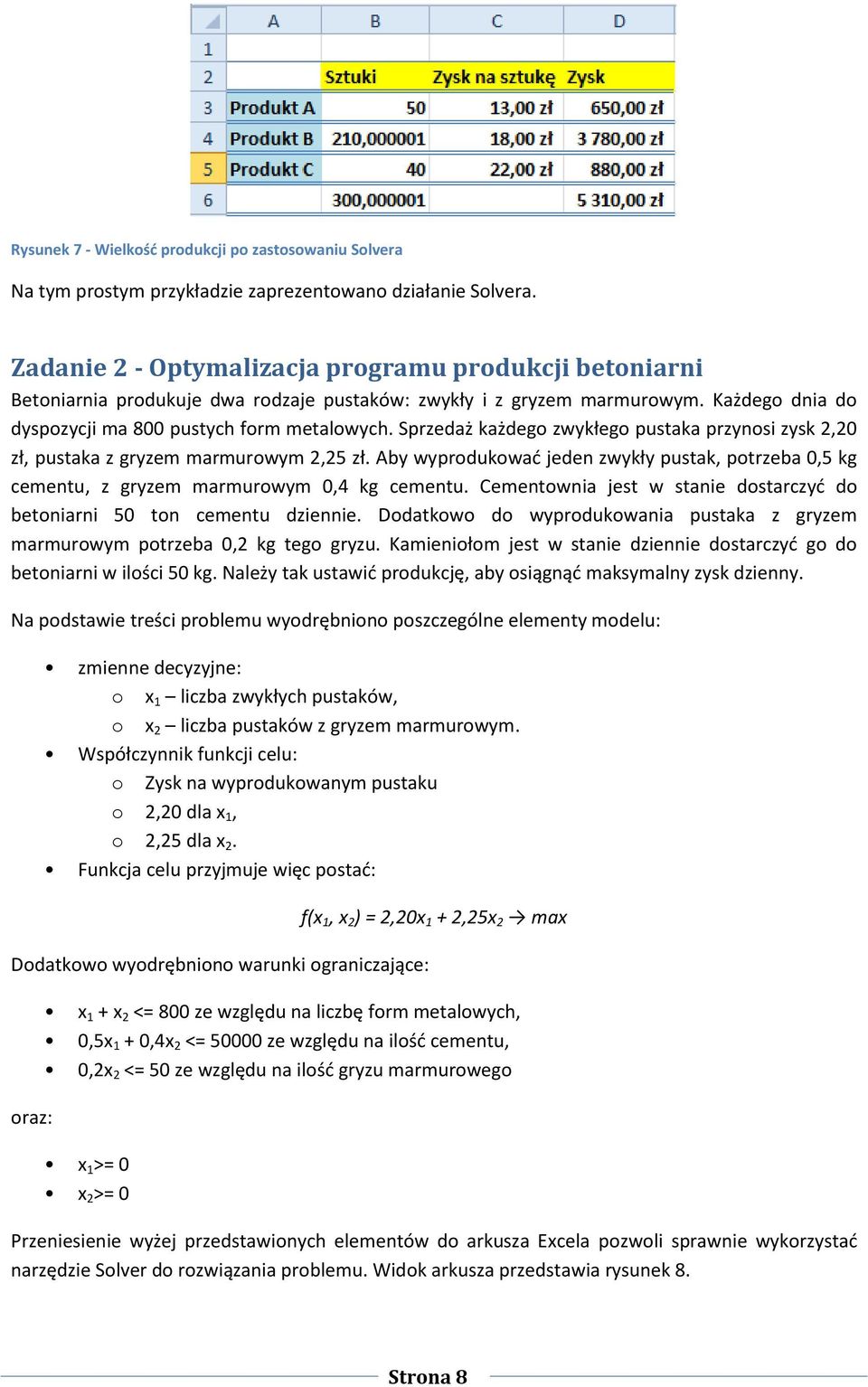 Sprzedaż każdego zwykłego pustaka przynosi zysk 2,20 zł, pustaka z gryzem marmurowym 2,25 zł. Aby wyprodukować jeden zwykły pustak, potrzeba 0,5 kg cementu, z gryzem marmurowym 0,4 kg cementu.