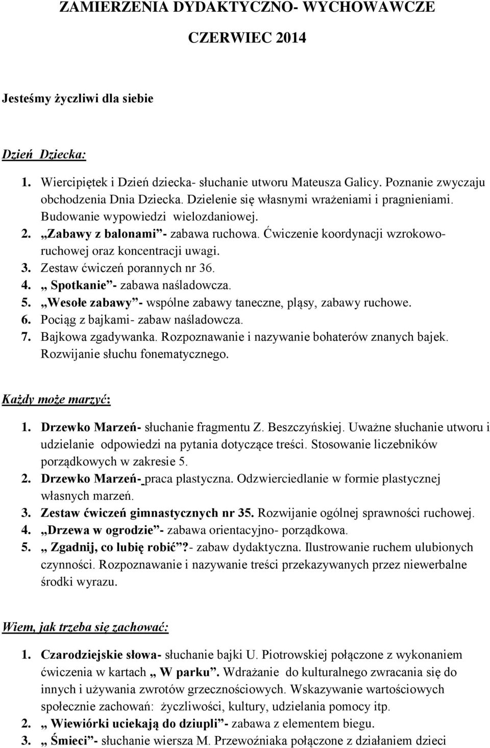 Ćwiczenie koordynacji wzrokoworuchowej oraz koncentracji uwagi. 3. Zestaw ćwiczeń porannych nr 36. 4. Spotkanie - zabawa naśladowcza. 5. Wesołe zabawy - wspólne zabawy taneczne, pląsy, zabawy ruchowe.