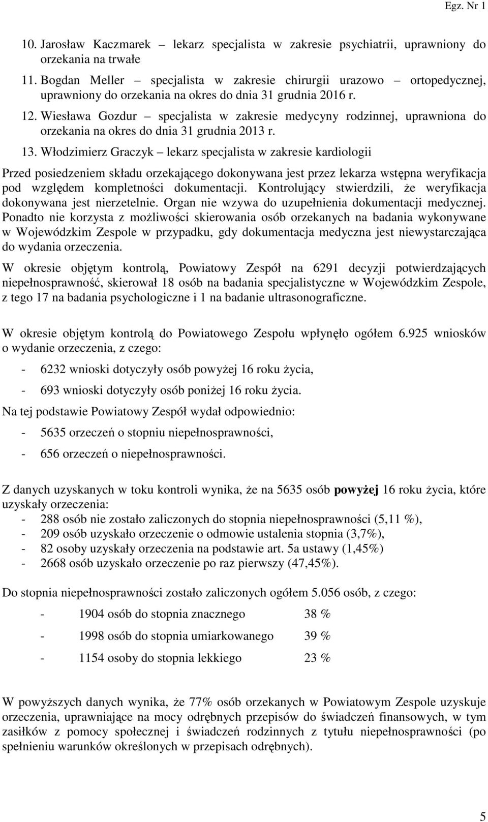 Wiesława Gozdur specjalista w zakresie medycyny rodzinnej, uprawniona do orzekania na okres do dnia 31 grudnia 2013 r. 13.