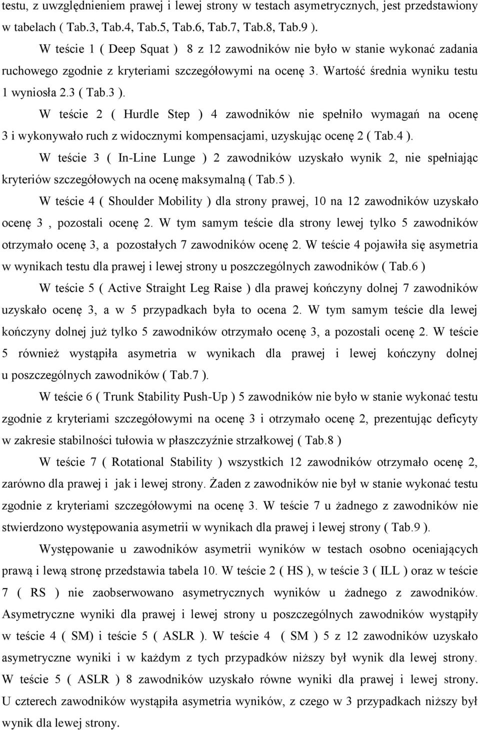 W teście 2 ( Hurdle Step ) 4 zawodików ie spełiło wymagań a oceę 3 i wykoywało ruch z widoczymi kompesacjami, uzyskując oceę 2 ( Tab.4 ).
