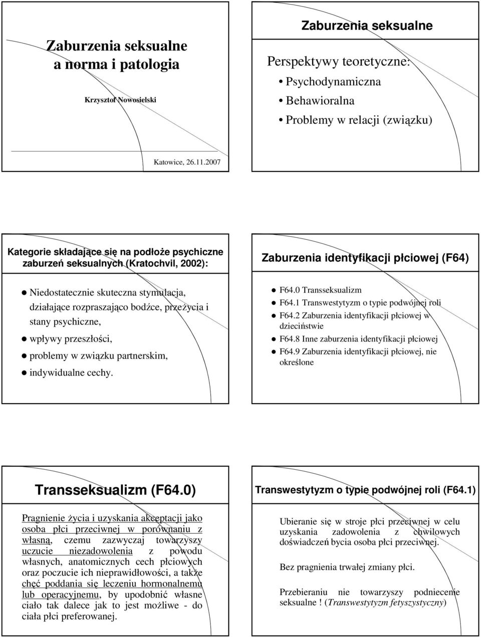bodźce, przeŝycia i stany psychiczne, wpływy przeszłości, problemy w związku partnerskim, indywidualne cechy. F64.0 Transseksualizm F64.1 Transwestytyzm o typie podwójnej roli F64.