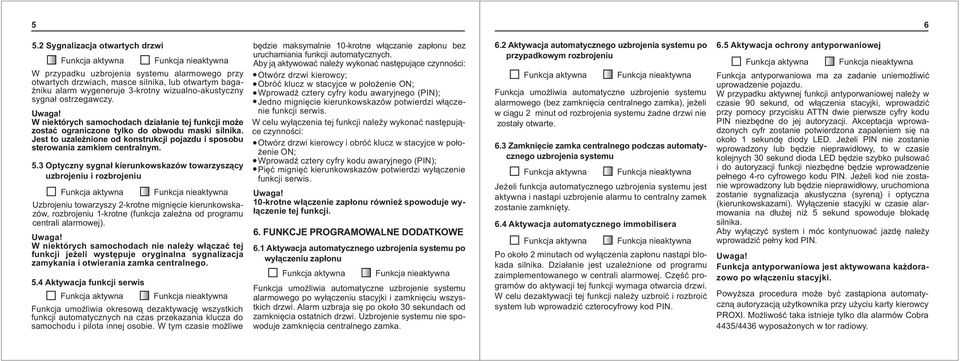 4 Aktywacja funkcji serwis W przypadku uzbrojenia systemu alarmowego przy otwartych drzwiach, masce silnika, lub otwartym baga- niku alarm wygeneruje 3-krotny wizualno-akustyczny sygna³ ostrzegawczy.