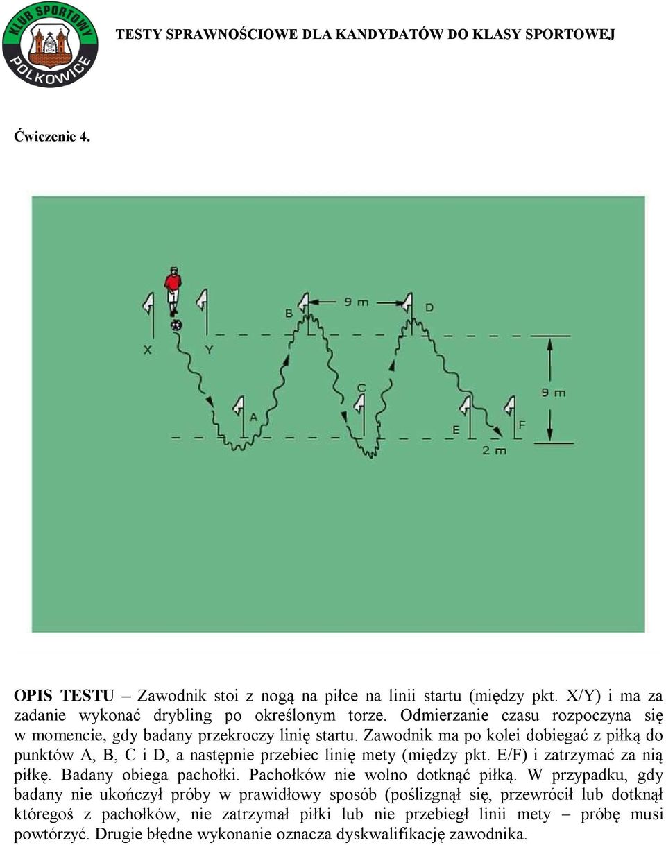 Zawodnik ma po kolei dobiegać z piłką do punktów A, B, C i D, a następnie przebiec linię mety (między pkt. E/F) i zatrzymać za nią piłkę. Badany obiega pachołki.