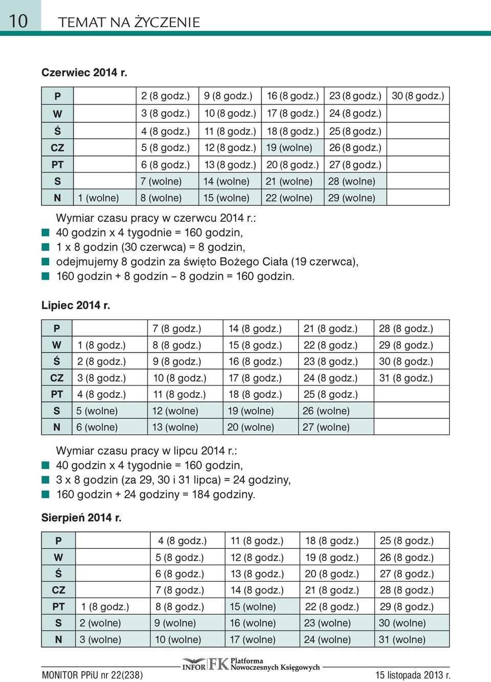 ) S 7 (wolne) 14 (wolne) 21 (wolne) 28 (wolne) N 1 (wolne) 8 (wolne) 15 (wolne) 22 (wolne) 29 (wolne) Wymiar czasu pracy w czerwcu 2014 r.