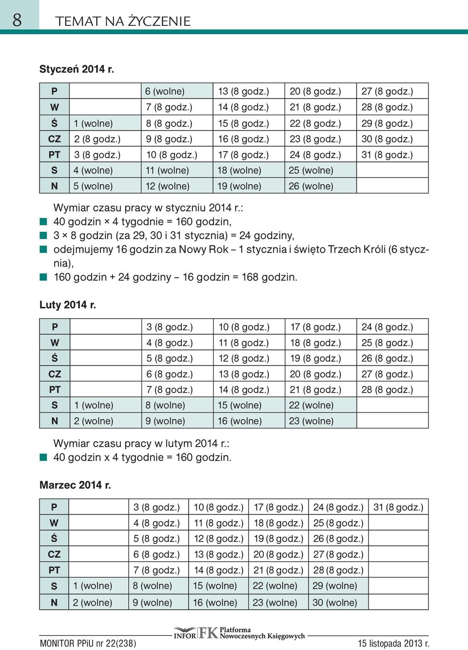 ) S 4 (wolne) 11 (wolne) 18 (wolne) 25 (wolne) N 5 (wolne) 12 (wolne) 19 (wolne) 26 (wolne) Wymiar czasu pracy w styczniu 2014 r.