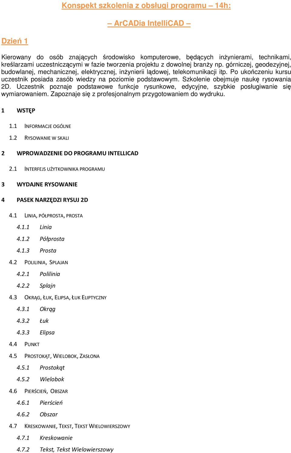 Po ukończeniu kursu uczestnik posiada zasób wiedzy na poziomie podstawowym. Szkolenie obejmuje naukę rysowania 2D.