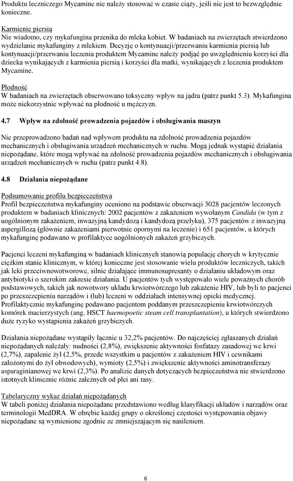 Decyzję o kontynuacji/przerwaniu karmienia piersią lub kontynuacji/przerwaniu leczenia produktem Mycamine należy podjąć po uwzględnieniu korzyści dla dziecka wynikających z karmienia piersią i