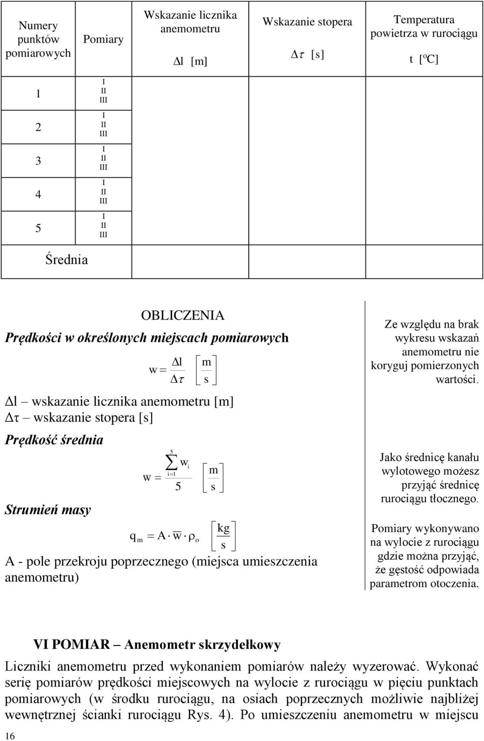 przekroju poprzecznego (miejsca umieszczenia anemometru) Ze względu na brak wykresu wskazań anemometru nie koryguj pomierzonych wartości.