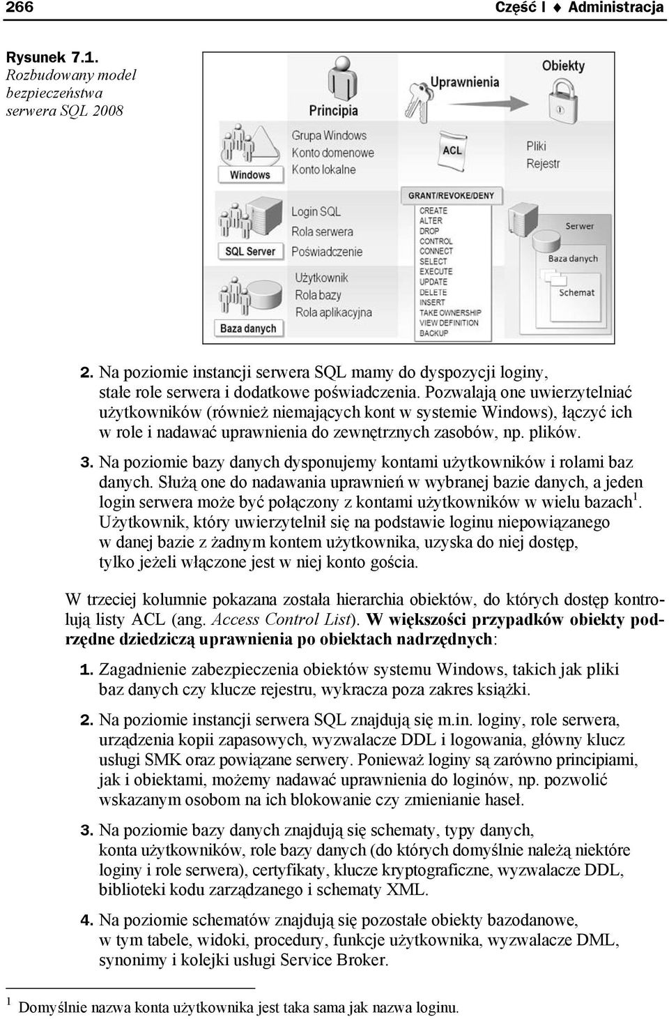 Na poziomie bazy danych dysponujemy kontami użytkowników i rolami baz danych.
