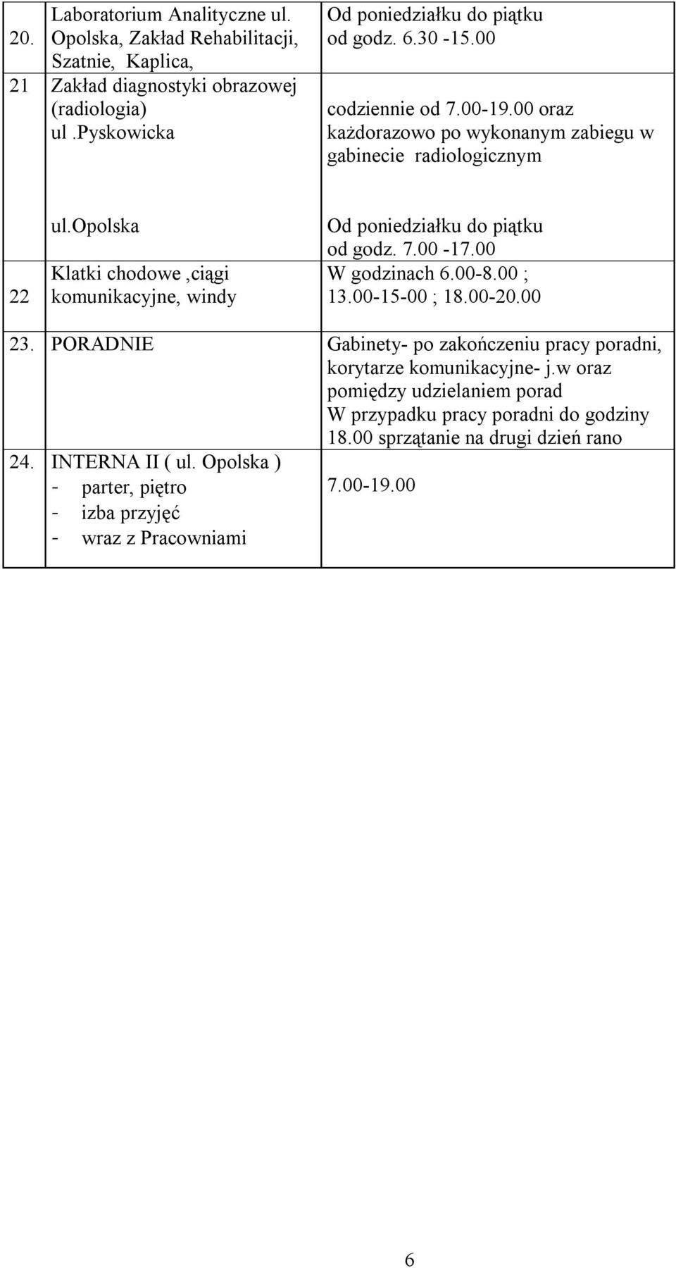 opolska Klatki chodowe,ciągi komunikacyjne, windy Od poniedziałku do piątku od godz. 7.00-17.00 W godzinach 6.00-8.00 ; 13.00-15-00 ; 18.00-20.00 23.