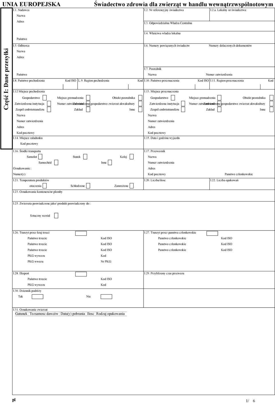 Region pochodzenia Kod I.10. Państwo przeznaczenia I.11. Region przeznaczenia Kod I.