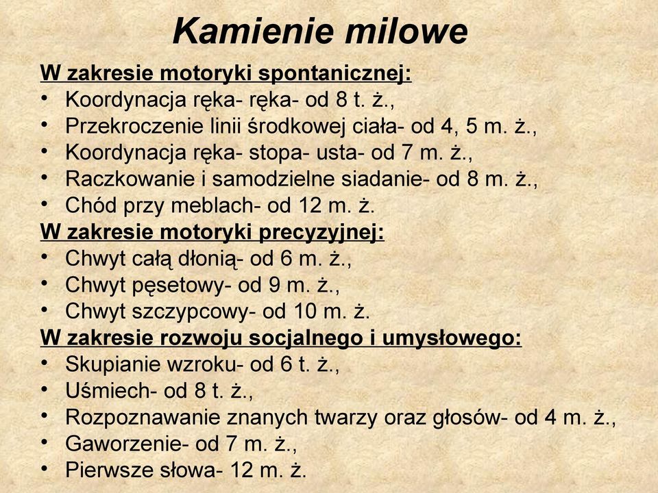 ż., Chwyt szczypcowy- od 10 m. ż. W zakresie rozwoju socjalnego i umysłowego: Skupianie wzroku- od 6 t. ż., Uśmiech- od 8 t. ż., Rozpoznawanie znanych twarzy oraz głosów- od 4 m.