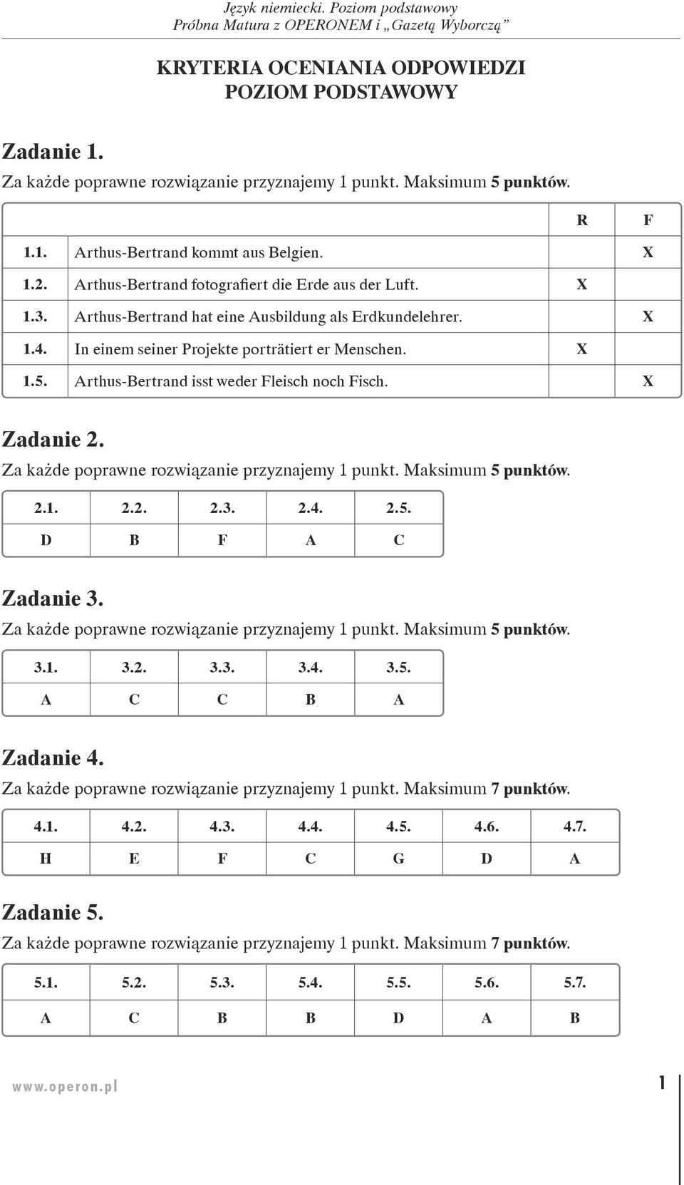 Arthus-Bertrand isst weder Fleisch noch Fisch. X Zadanie 2. Za każde poprawne rozwiązanie przyznajemy 1 punkt. Maksimum 5. 2.1. 2.2. 2.3. 2.4. 2.5. D B F A C Zadanie 3.