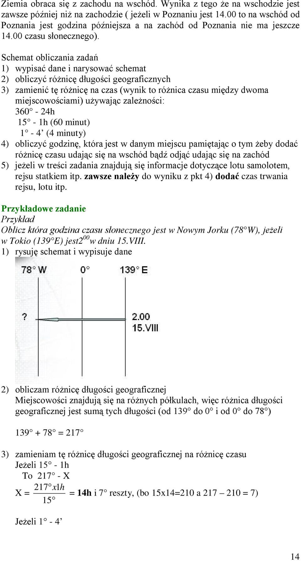 Schemat obliczania zadań 1) wypisać dane i narysować schemat 2) obliczyć różnicę długości geograficznych 3) zamienić tę różnicę na czas (wynik to różnica czasu między dwoma miejscowościami) używając