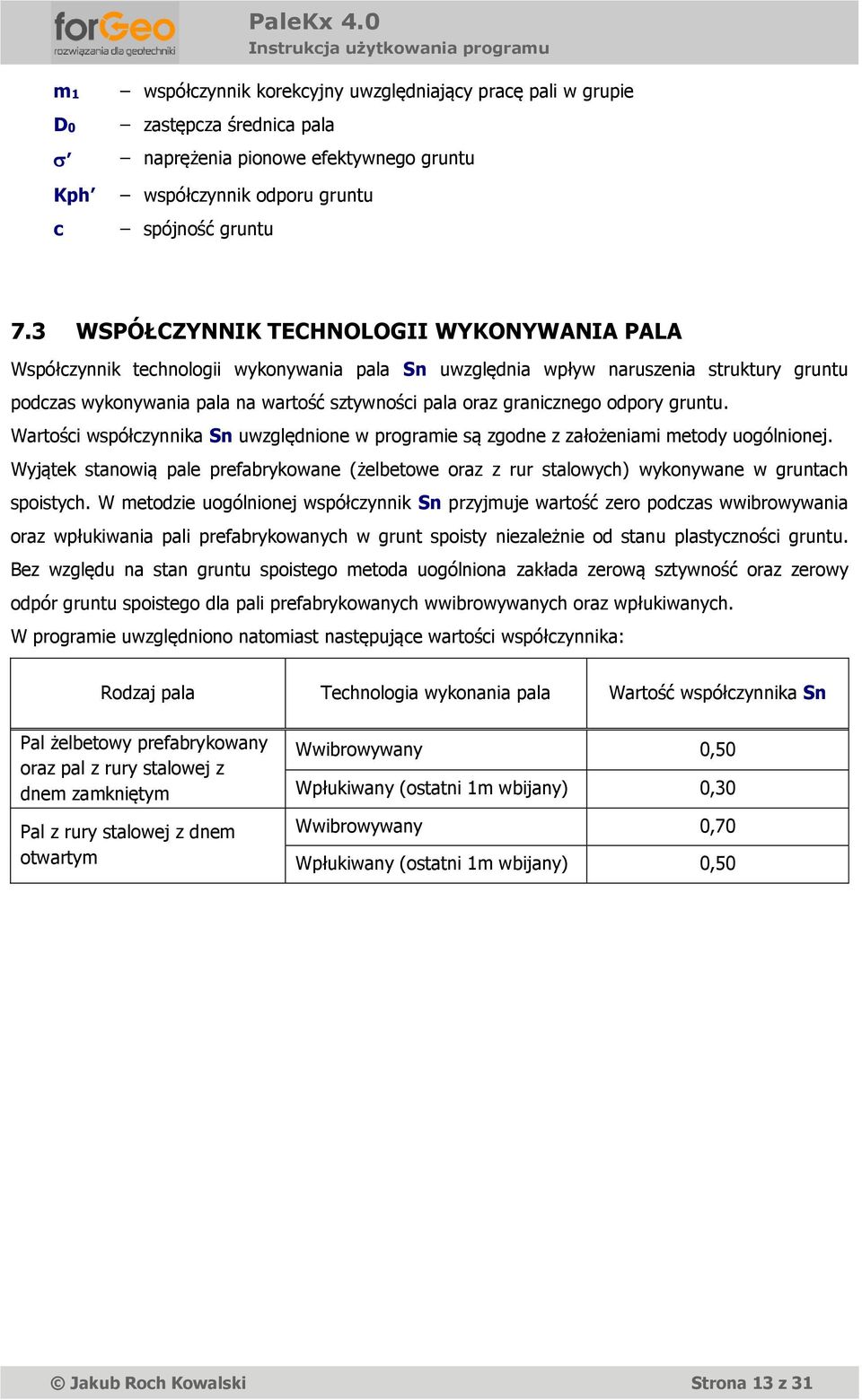 granicznego odpory gruntu. Wartości współczynnika Sn uwzględnione w programie są zgodne z założeniami metody uogólnionej.