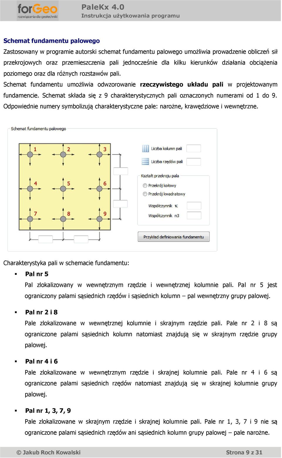 Schemat składa się z 9 charakterystycznych pali oznaczonych numerami od do 9. Odpowiednie numery symbolizują charakterystyczne pale: narożne, krawędziowe i wewnętrzne.