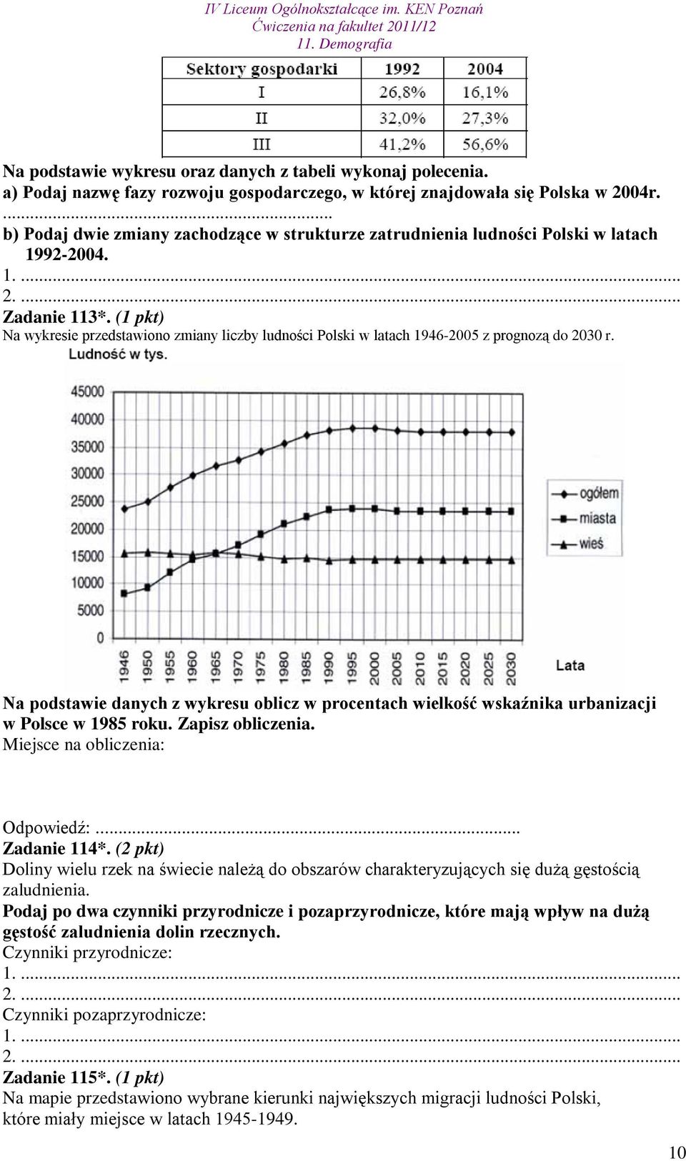 (1 pkt) Na wykresie przedstawiono zmiany liczby ludności Polski w latach 1946-2005 z prognozą do 2030 r.