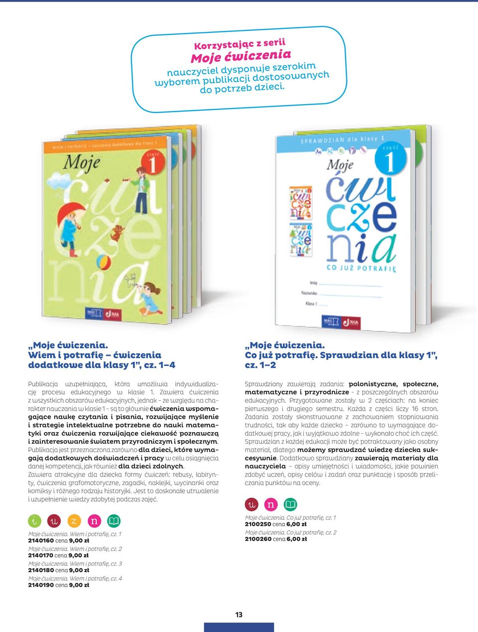 Zawiera ćwiczenia z wszystkich obszarów edukacyjnych, jednak ze względu na charakter nauczania w klasie 1 są to głównie ćwiczenia wspomagające naukę czytania i pisania, rozwijające myślenie i