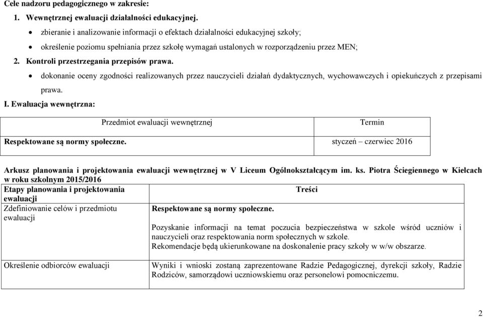 Kontroli przestrzegania przepisów prawa. dokonanie oceny zgodności realizowanych przez nauczycieli działań dydaktycznych, wychowawczych i opiekuńczych z przepisami prawa. I.