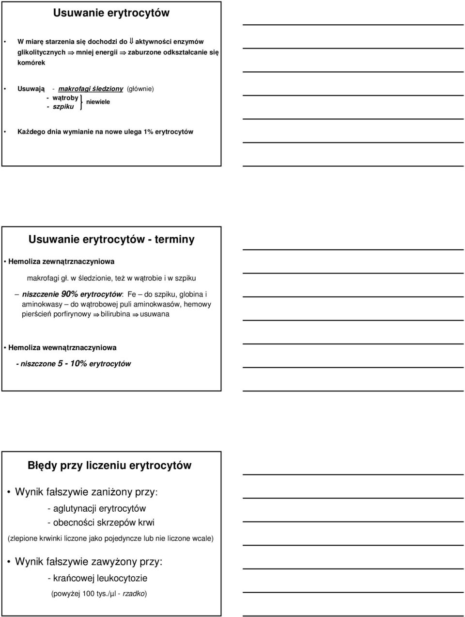 w śledzionie, też w wątrobie i w szpiku niszczenie 90% erytrocytów: Fe do szpiku, globina i aminokwasy do wątrobowej puli aminokwasów, hemowy pierścień porfirynowy bilirubina usuwana Hemoliza