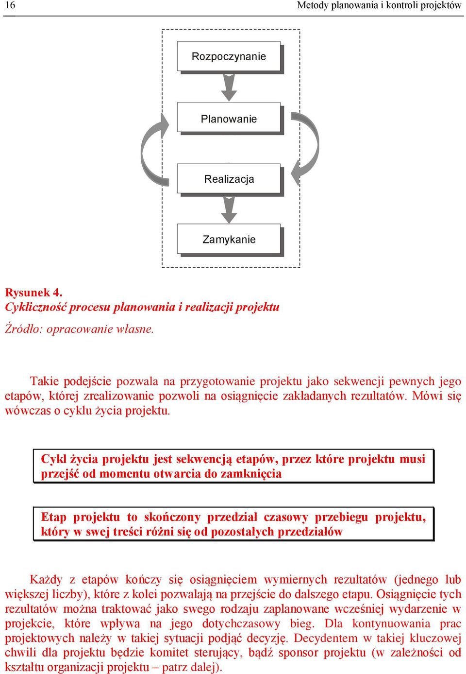 Takie podejście pozwala na przygotowanie projektu jako sekwencji pewnych jego etapów, której zrealizowanie pozwoli na osiągnięcie zakładanych rezultatów. Mówi się wówczas o cyklu życia projektu.