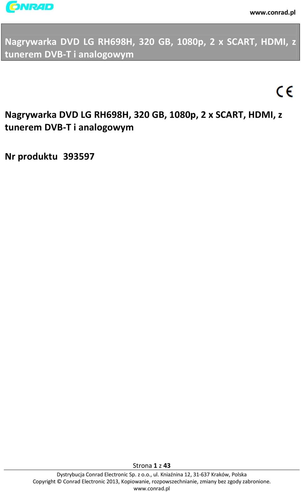 DVB-T i analogowym Nr produktu 393597 Strona 1 z 43