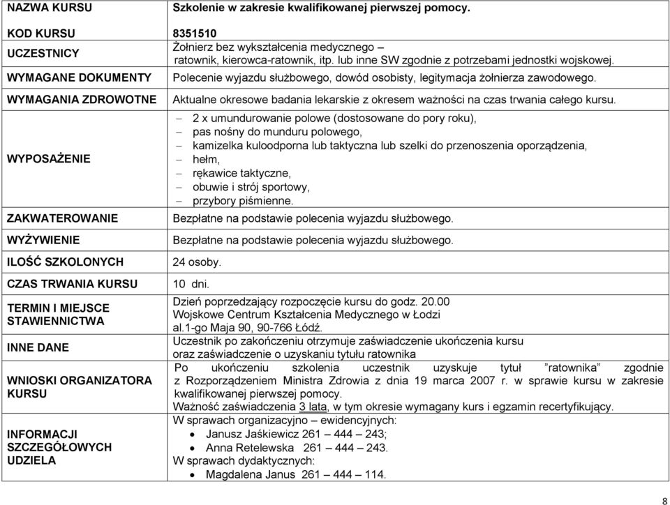 2 x umundurowanie polowe (dostosowane do pory roku), pas nośny do munduru polowego, kamizelka kuloodporna lub taktyczna lub szelki do przenoszenia oporządzenia, hełm, rękawice taktyczne, obuwie i