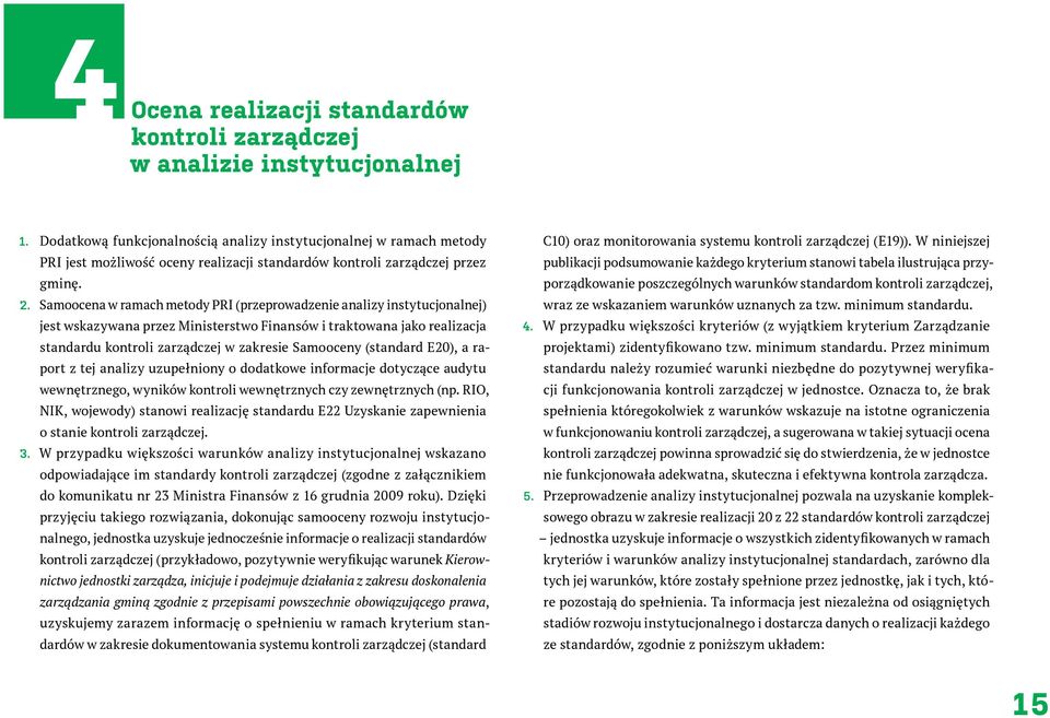 Samoocena w ramach metody PRI (przeprowadzenie analizy instytucjonalnej) jest wskazywana przez Ministerstwo Finansów i traktowana jako realizacja standardu kontroli zarządczej w zakresie Samooceny