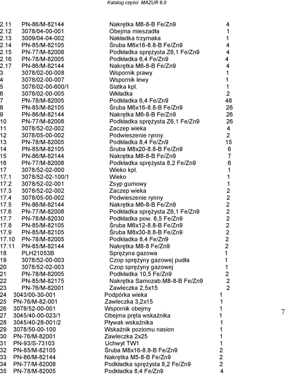 1 6 3078/02-00-005 Wkładka 2 7 PN-78/M-82005 Podkładka 6,4 Fe/Zn9 48 8 PN-85/M-82105 Śruba M6x16-8.