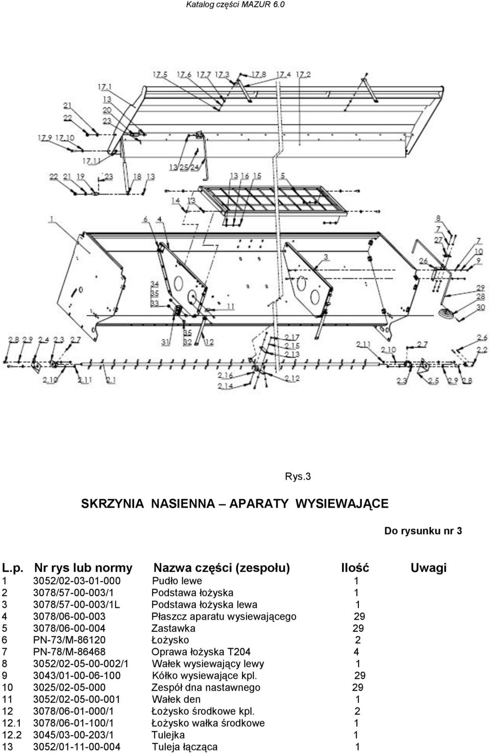 3078/06-00-003 Płaszcz aparatu wysiewającego 29 5 3078/06-00-004 Zastawka 29 6 PN-73/M-86120 Łożysko 2 7 PN-78/M-86468 Oprawa łożyska T204 4 8 3052/02-05-00-002/1 Wałek