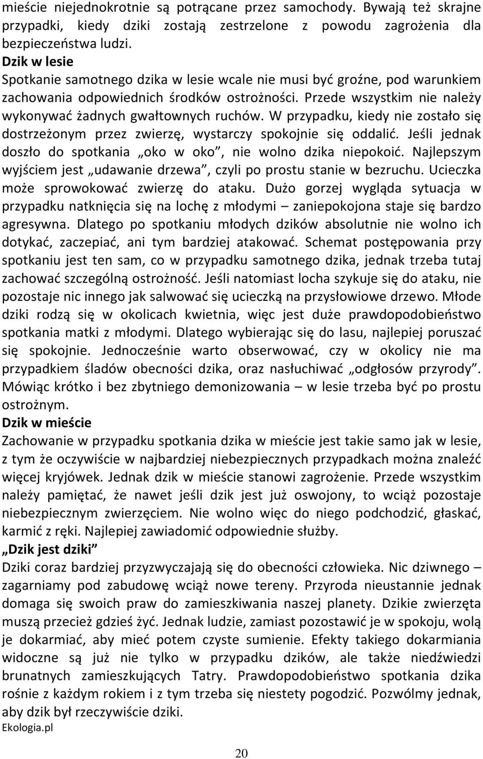 W przypadku, kiedy nie zostało się dostrzeżonym przez zwierzę, wystarczy spokojnie się oddalić. Jeśli jednak doszło do spotkania oko w oko, nie wolno dzika niepokoić.