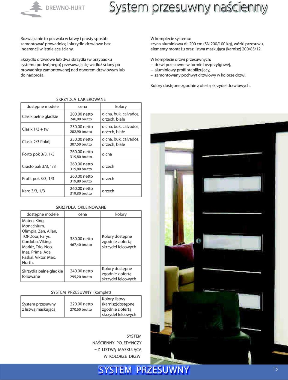 W komplecie systemu: szyna aluminiowa dł. 200 cm (SN 200/100 kg), wózki przesuwu, elementy montażu oraz listwa maskująca (karnisz) 200/85/12.