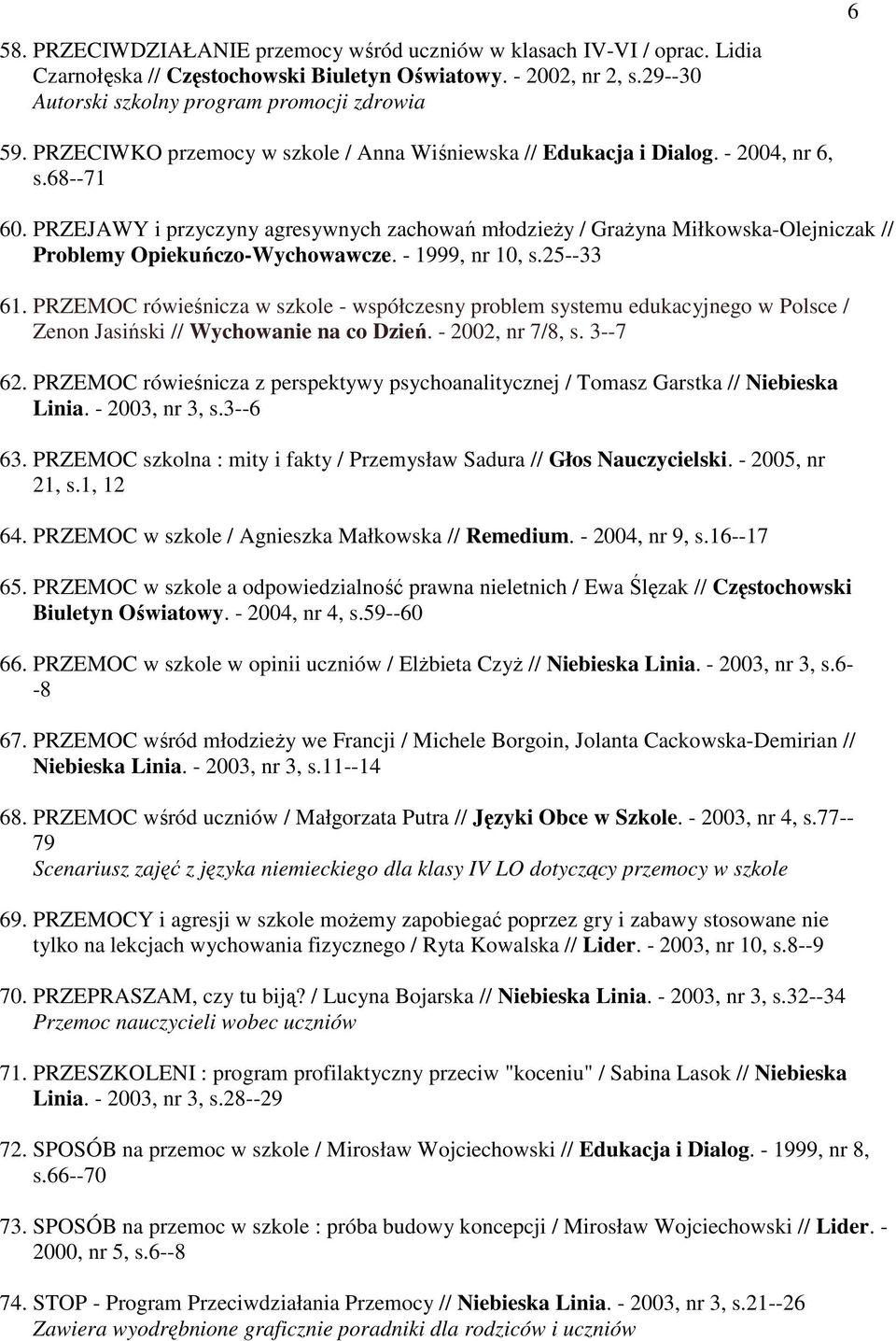 PRZEJAWY i przyczyny agresywnych zachowań młodzieży / Grażyna Miłkowska-Olejniczak // Problemy Opiekuńczo-Wychowawcze. - 1999, nr 10, s.25--33 61.