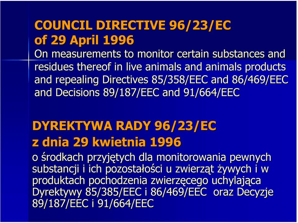 DYREKTYWA RADY 96/23/EC z dnia 29 kwietnia 1996 o środkach przyjętych dla monitorowania pewnych substancji i ich pozostałości