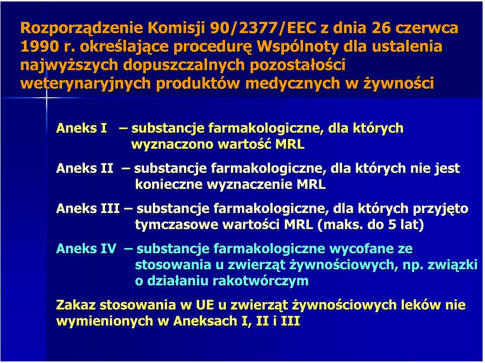 farmakologiczne, dla których wyznaczono wartość MRL Aneks II substancje farmakologiczne, dla których nie jest konieczne wyznaczenie MRL Aneks III substancje