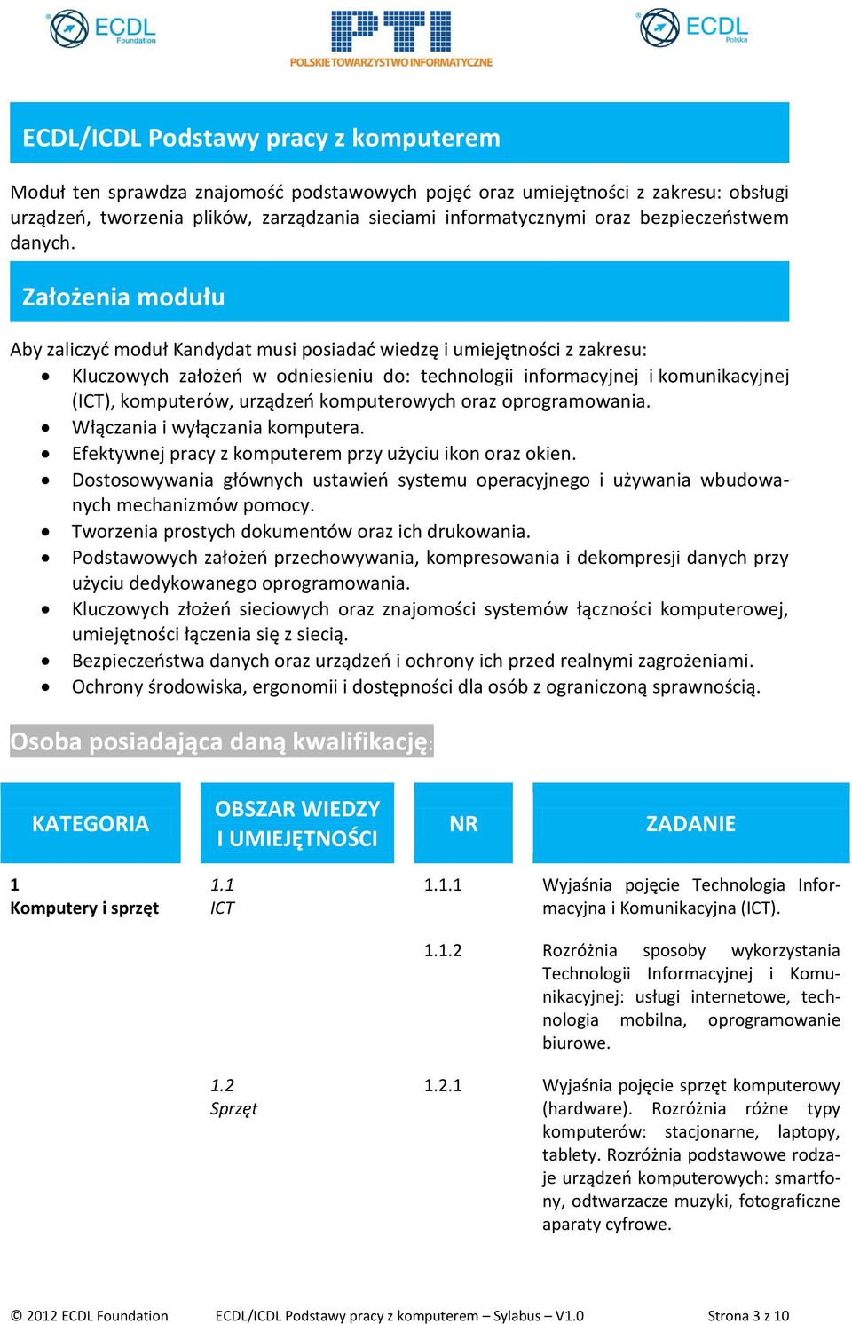 Założenia modułu Aby zaliczyć moduł Kandydat musi posiadać wiedzę i umiejętności z zakresu: Kluczowych założeń w odniesieniu do: technologii informacyjnej i komunikacyjnej (ICT), komputerów, urządzeń