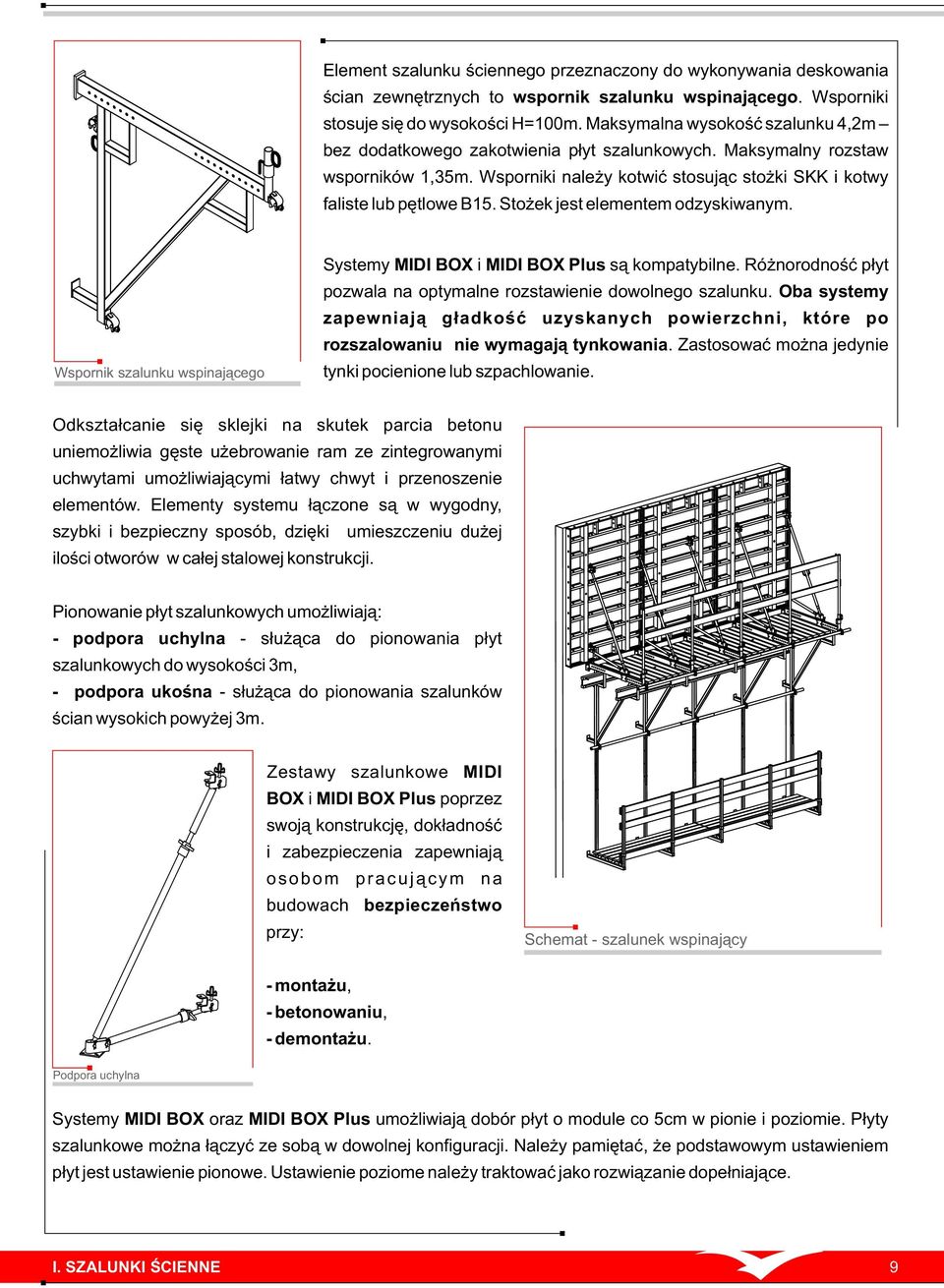 Stożek jest elementem odzyskiwanym. Wspornik szalunku wspinającego Systemy MIDI BOX i MIDI BOX Plus są kompatybilne. Różnorodność płyt pozwala na optymalne rozstawienie dowolnego szalunku.