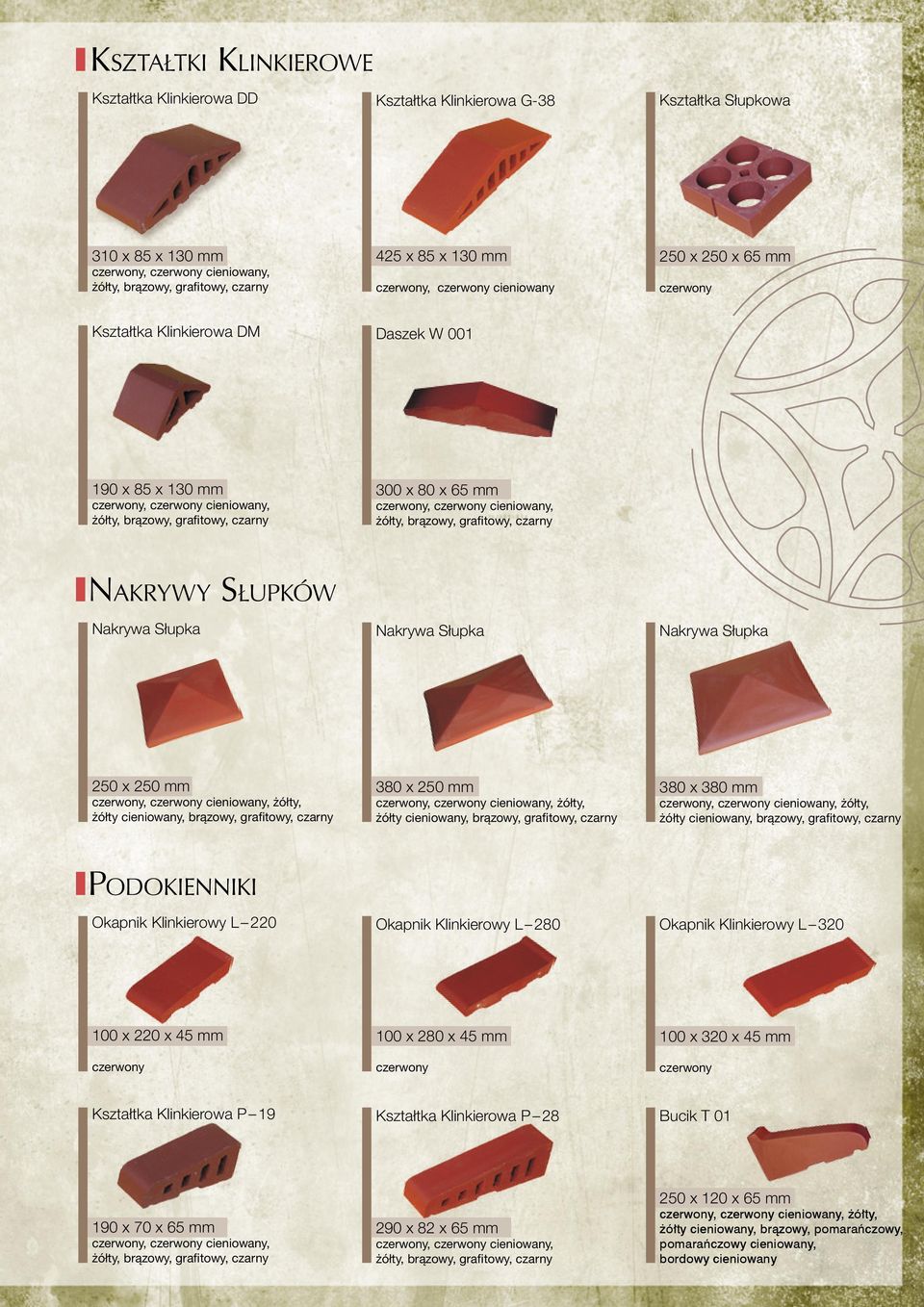 Nakrywa Słupka Nakrywa Słupka 250 x 250 mm żółty, żółty cieniowany, brązowy, grafitowy, czarny 380 x 250 mm żółty, żółty cieniowany, brązowy, grafitowy, czarny 380 x 380 mm żółty, żółty cieniowany,