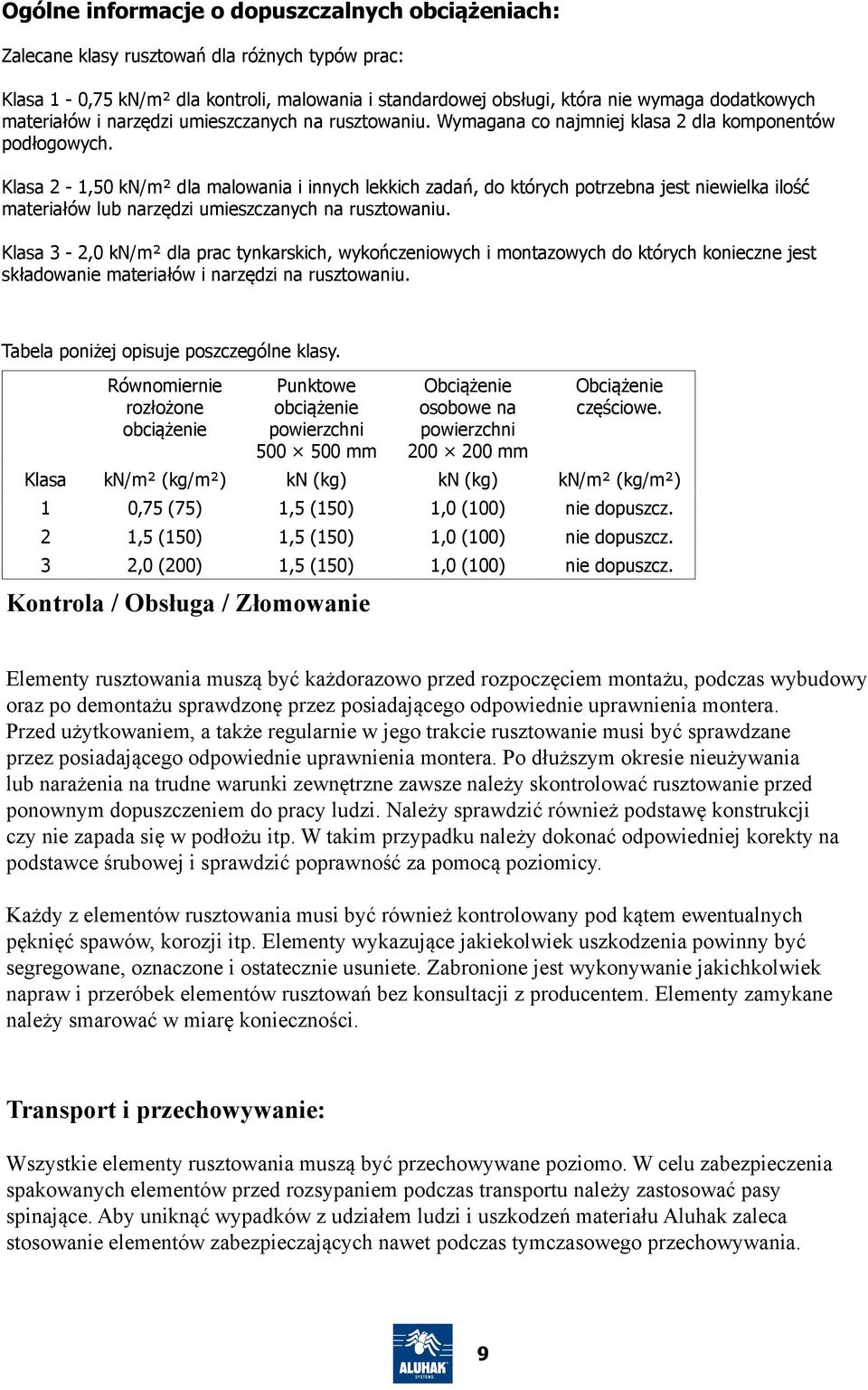 Klasa 2-1,50 kn/m² dla malowania i innych lekkich zadań, do których potrzebna jest niewielka ilość materiałów lub narzędzi umieszczanych na rusztowaniu.