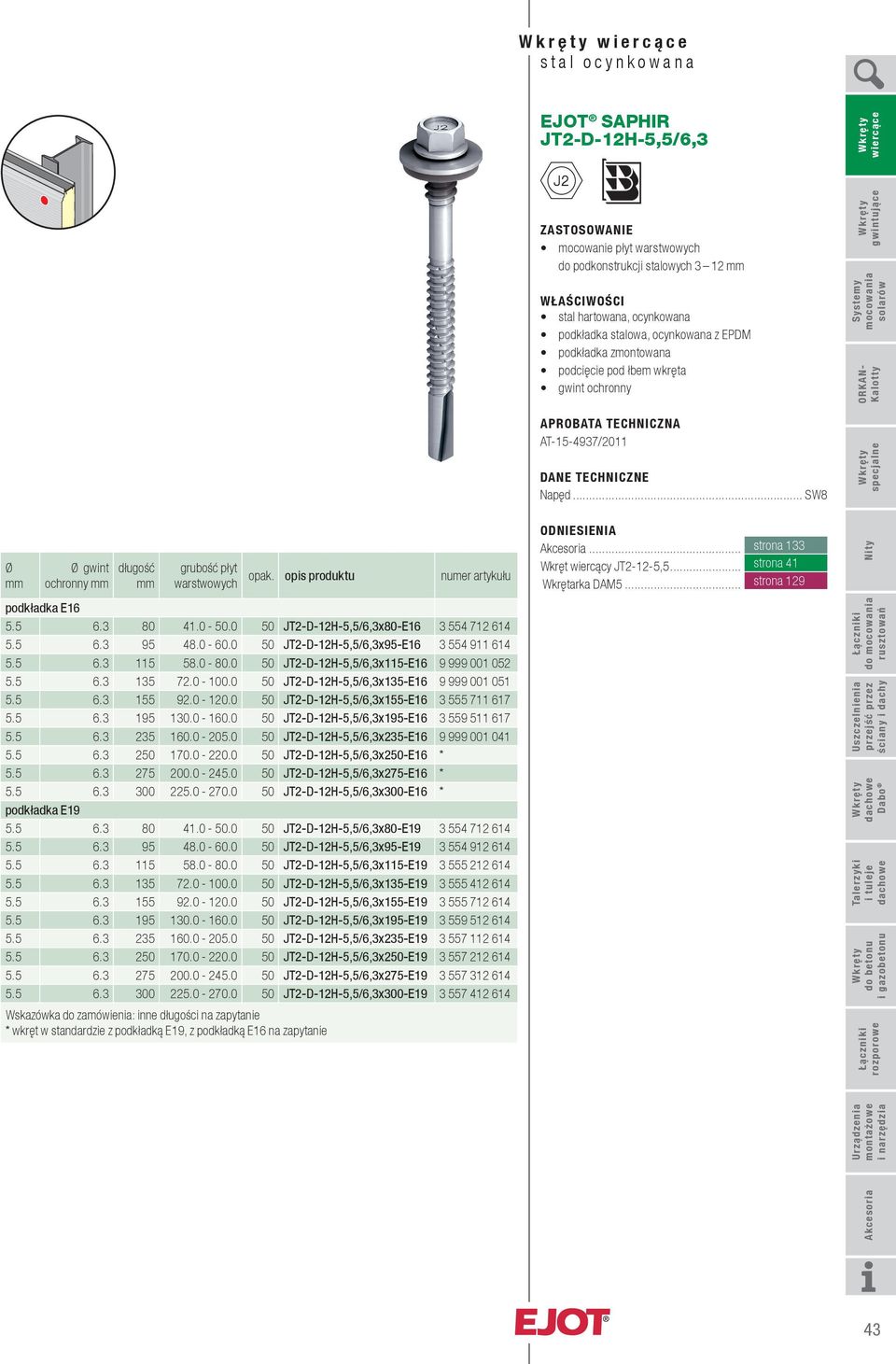 0 50 JT2-D-12H-5,5/6,3x95-E16 3 554 911 614 5.5 6.3 115 58.0-80.0 50 JT2-D-12H-5,5/6,3x115-E16 9 999 001 052 5.5 6.3 135 72.0-100.0 50 JT2-D-12H-5,5/6,3x135-E16 9 999 001 051 5.5 6.3 155 92.0-120.