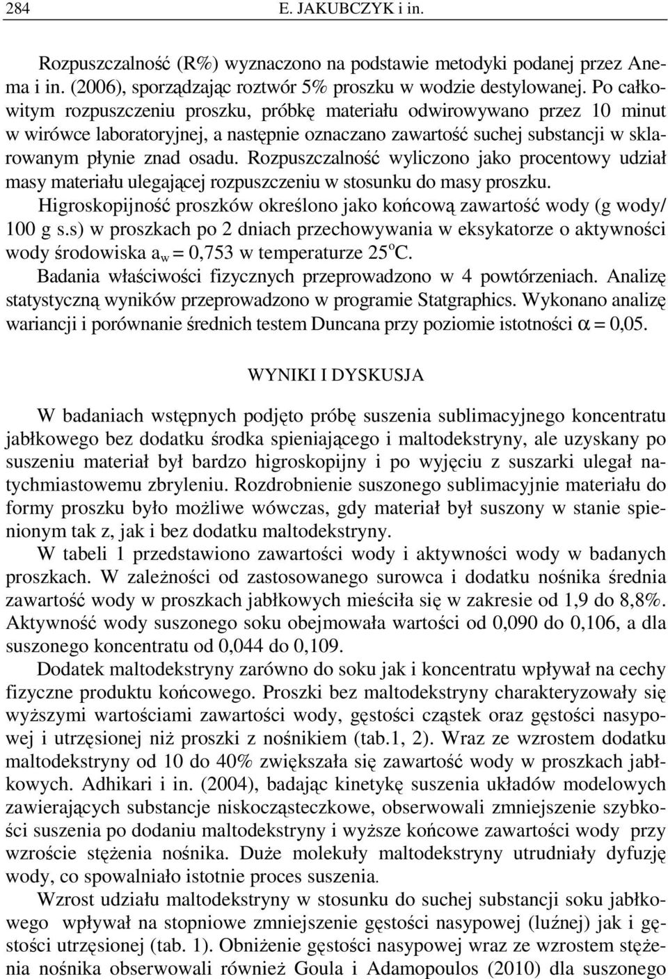 Rozpuszczalność wyliczono jako procentowy udział masy materiału ulegającej rozpuszczeniu w stosunku do masy proszku. Higroskopijność proszków określono jako końcową zawartość wody (g wody/ 100 g s.