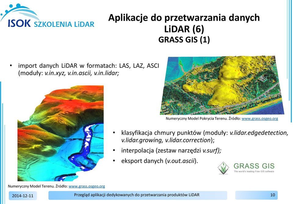 org klasyfikacja chmury punktów (moduły: v.lidar.edgedetection, v.lidar.growing, v.lidar.correction); interpolacja (zestaw narzędzi v.
