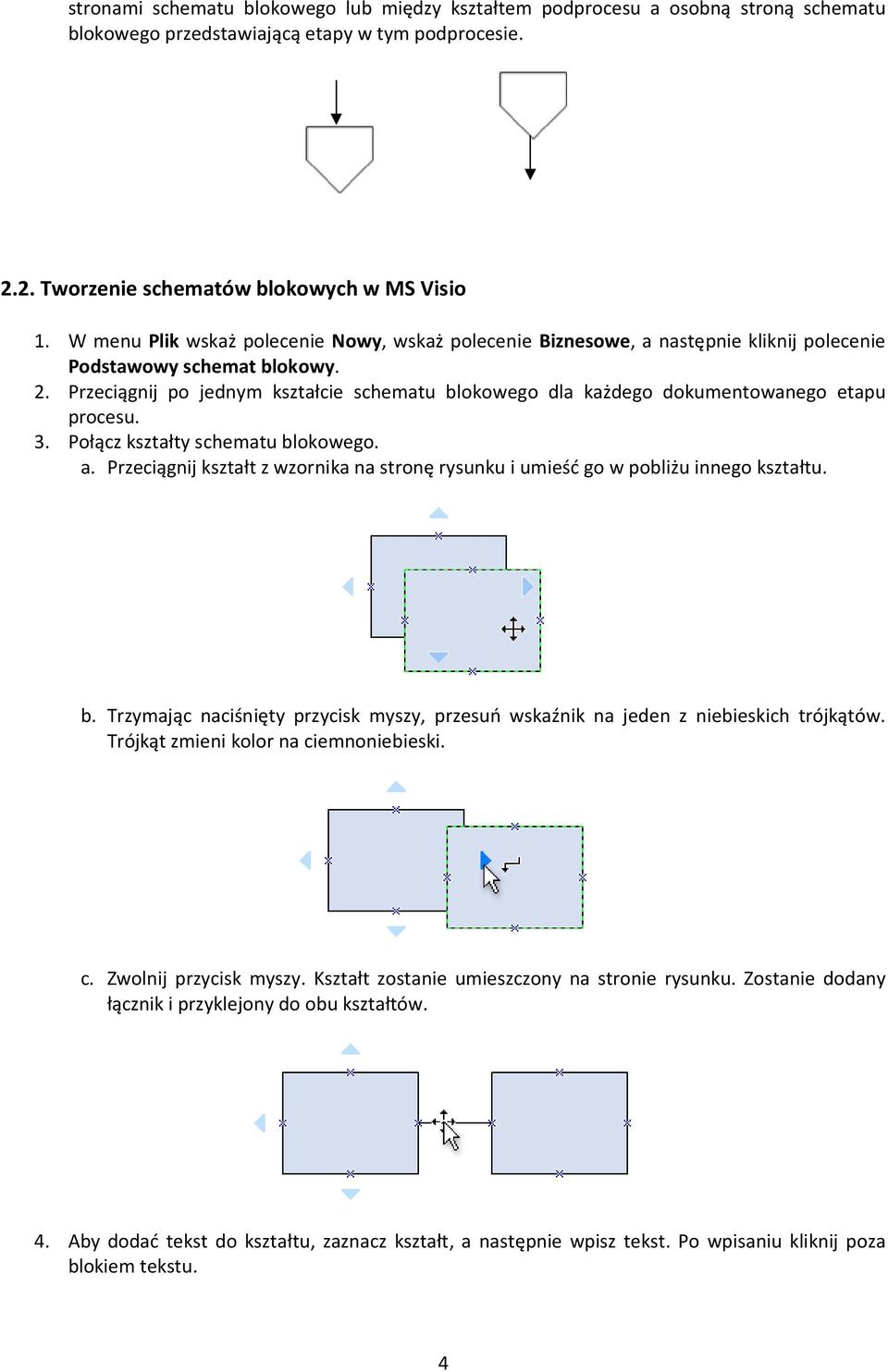 Przeciągnij po jednym kształcie schematu blokowego dla każdego dokumentowanego etapu procesu. 3. Połącz kształty schematu blokowego. a.