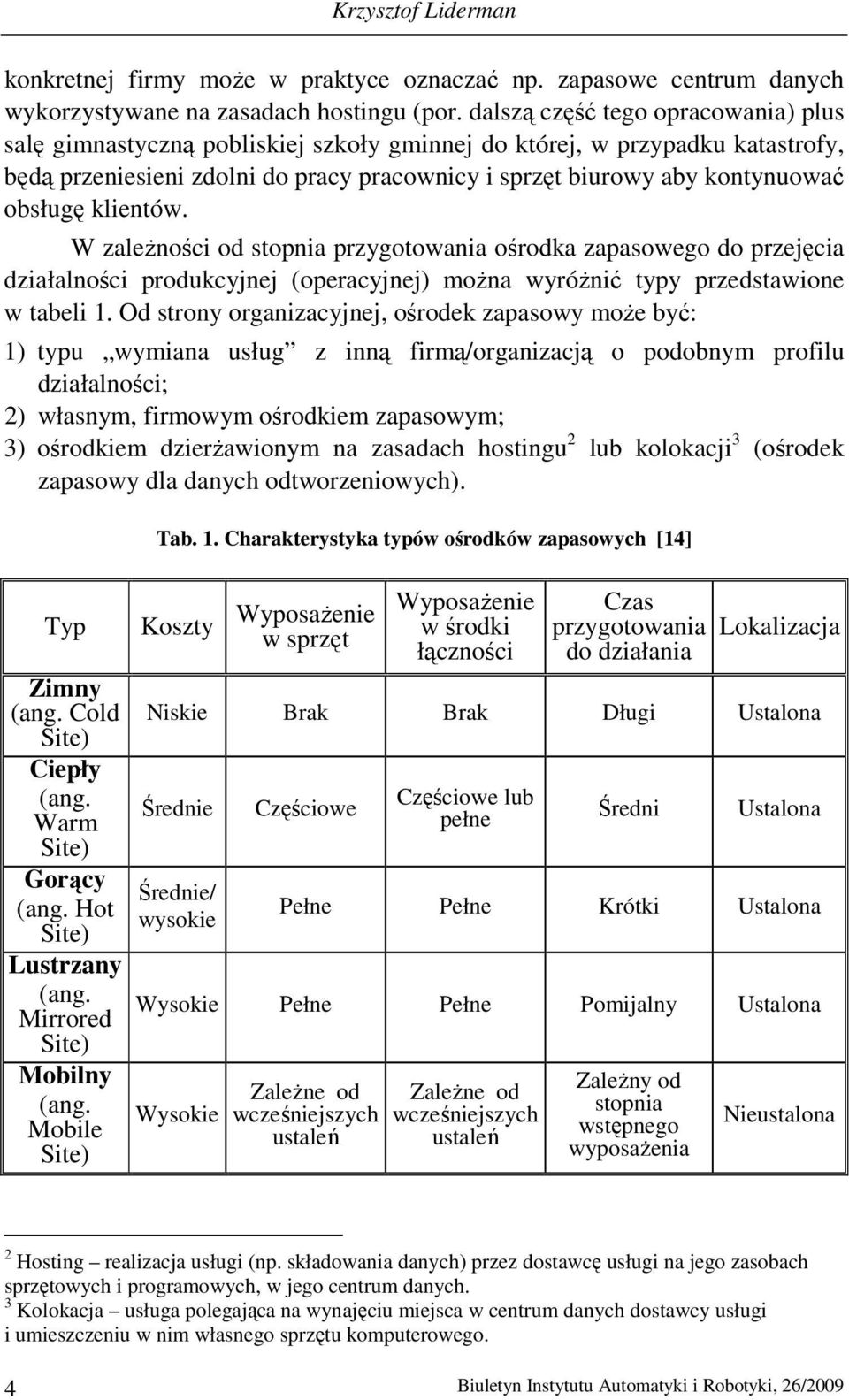 obsługę klientów. W zależności od stopnia przygotowania ośrodka zapasowego do przejęcia działalności produkcyjnej (operacyjnej) można wyróżnić typy przedstawione w tabeli 1.