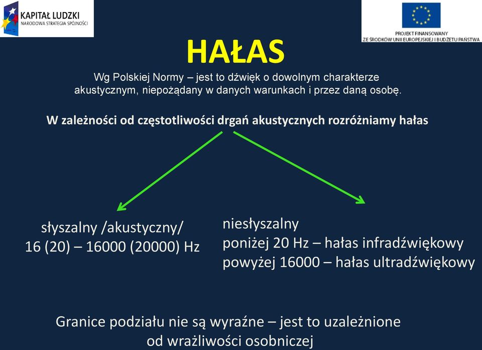 W zależności od częstotliwości drgań akustycznych rozróżniamy hałas słyszalny /akustyczny/ 16 (20)