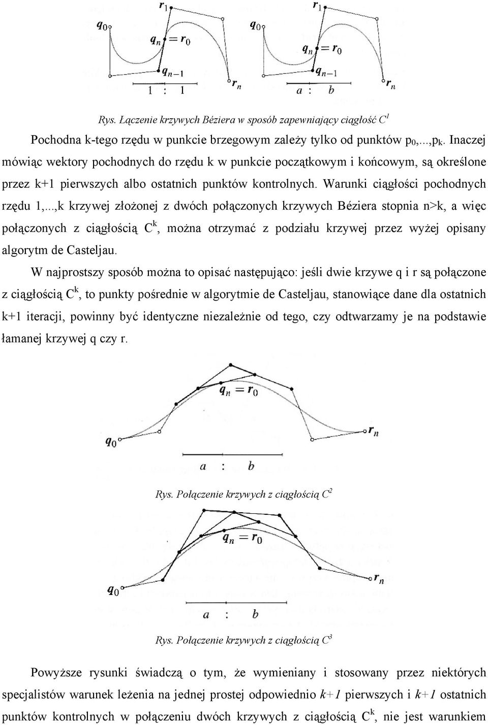 ..,k krzywej złożonej z dwóch połączonych krzywych Béziera stopnia n>k, a więc połączonych z ciągłością C k, można otrzymać z podziału krzywej przez wyżej opisany algorytm de Casteljau.