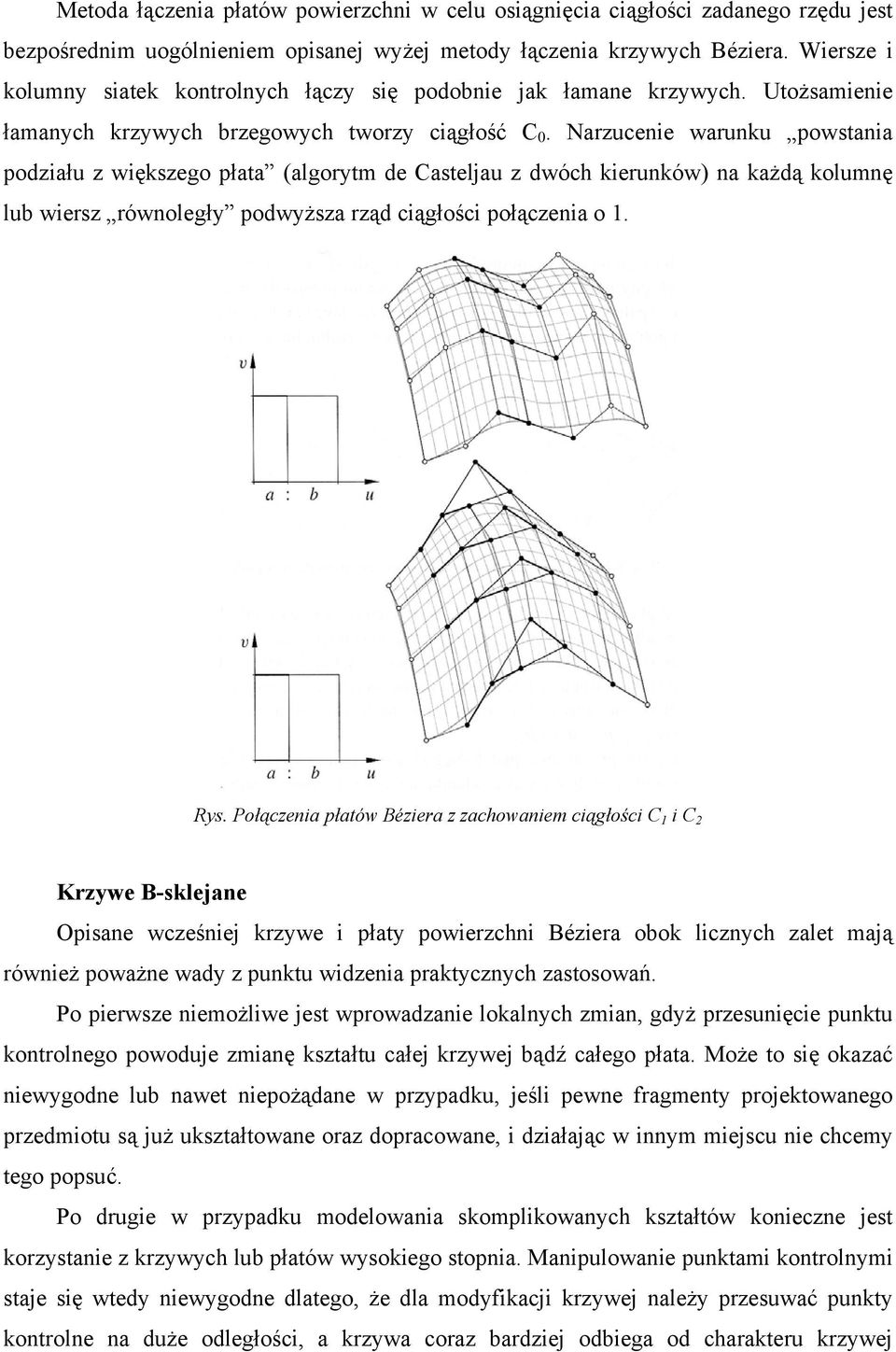 Narzucenie warunku powstania podziału z większego płata (algorytm de Casteljau z dwóch kierunków) na każdą kolumnę lub wiersz równoległy podwyższa rząd ciągłości połączenia o 1. Rys.