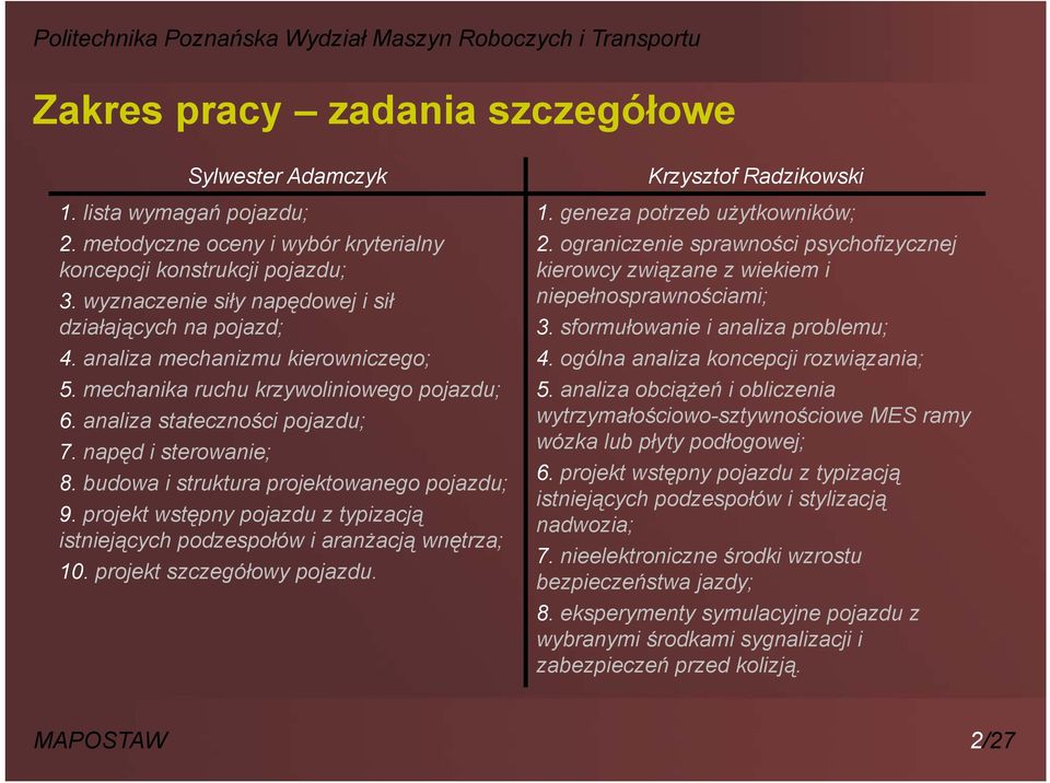 budowa i struktura projektowanego pojazdu; 9. projekt wstępny pojazdu z typizacją istniejących podzespołów i aranżacją wnętrza; 10. projekt szczegółowy pojazdu. Krzysztof Radzikowski 1.